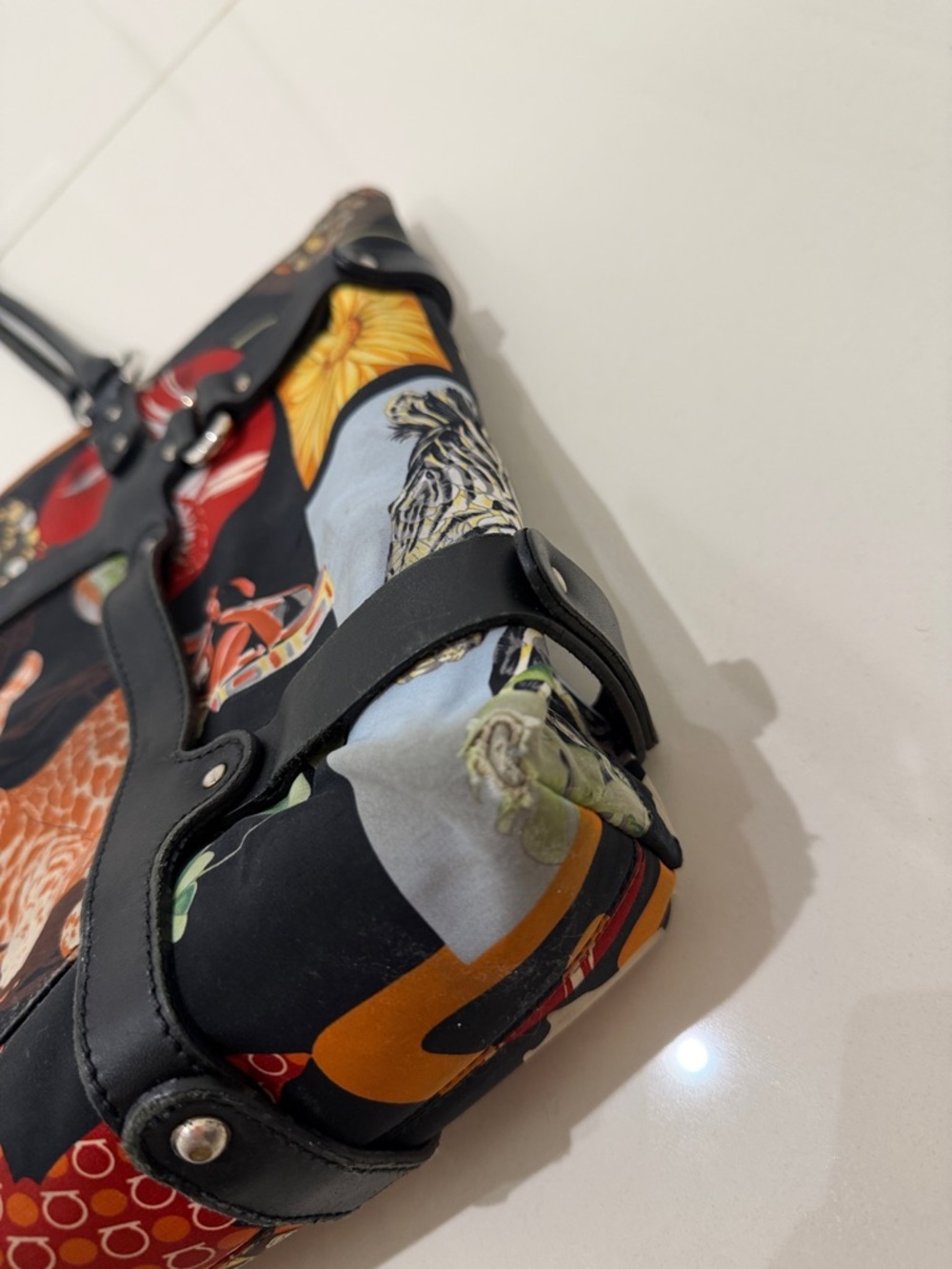 Salvatore Ferragamo Multicolor Leopard Patchwork Tote with Black Leather Straps - Picture 4 of 13